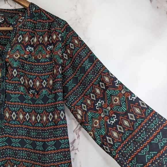 Mod Cloth Fun2Fun Blouse Women Medium Boho Tribal Navy Green Peasant Aztec Sheer - Picture 12 of 12